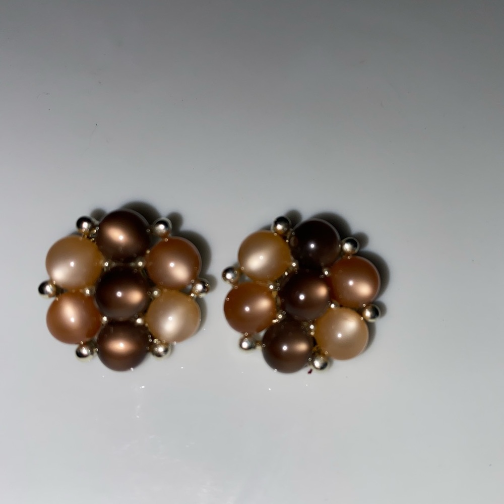 Vintage pair Lisner silvertone metal clip on earrings brown beaded